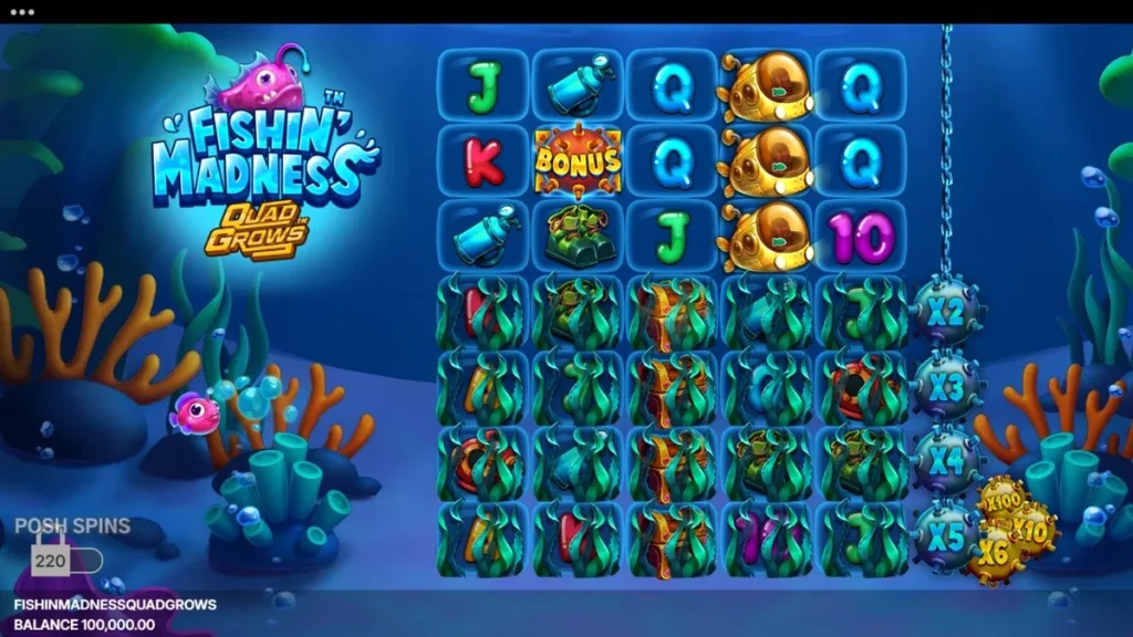 Fishin’ Madness Quadgrows سلاٹ گیم کا سمندری تھیم والا انٹرفیس