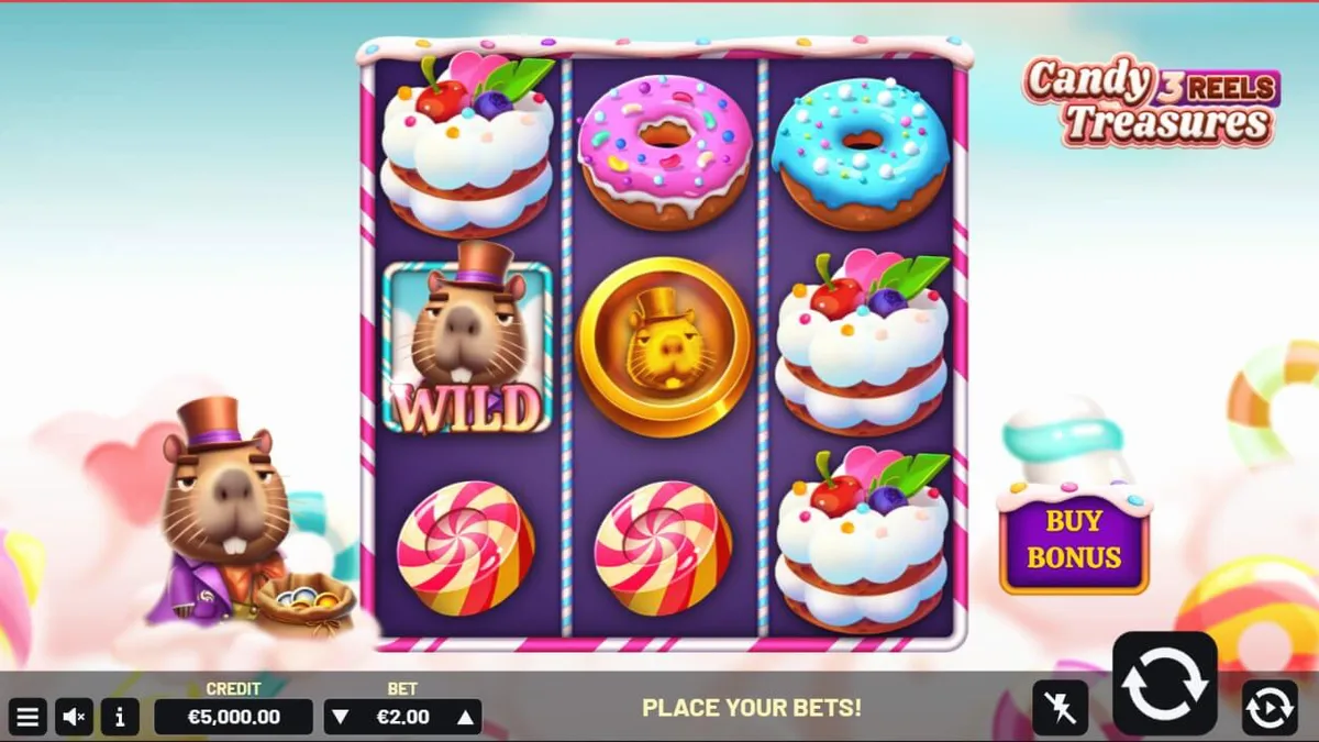 Candy Treasures 3 Reels slot machine interface showing colorful sweets and bonus symbols